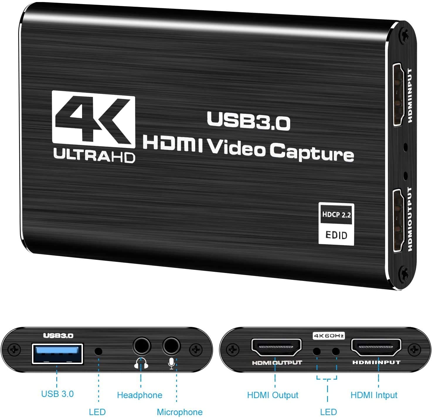 4K Audio Video Capture Card, USB 3.0 HDMI Video Capture Device, Full HD 1080P 60FPS for Game Recording, Live Streaming Broadcasting-Black
