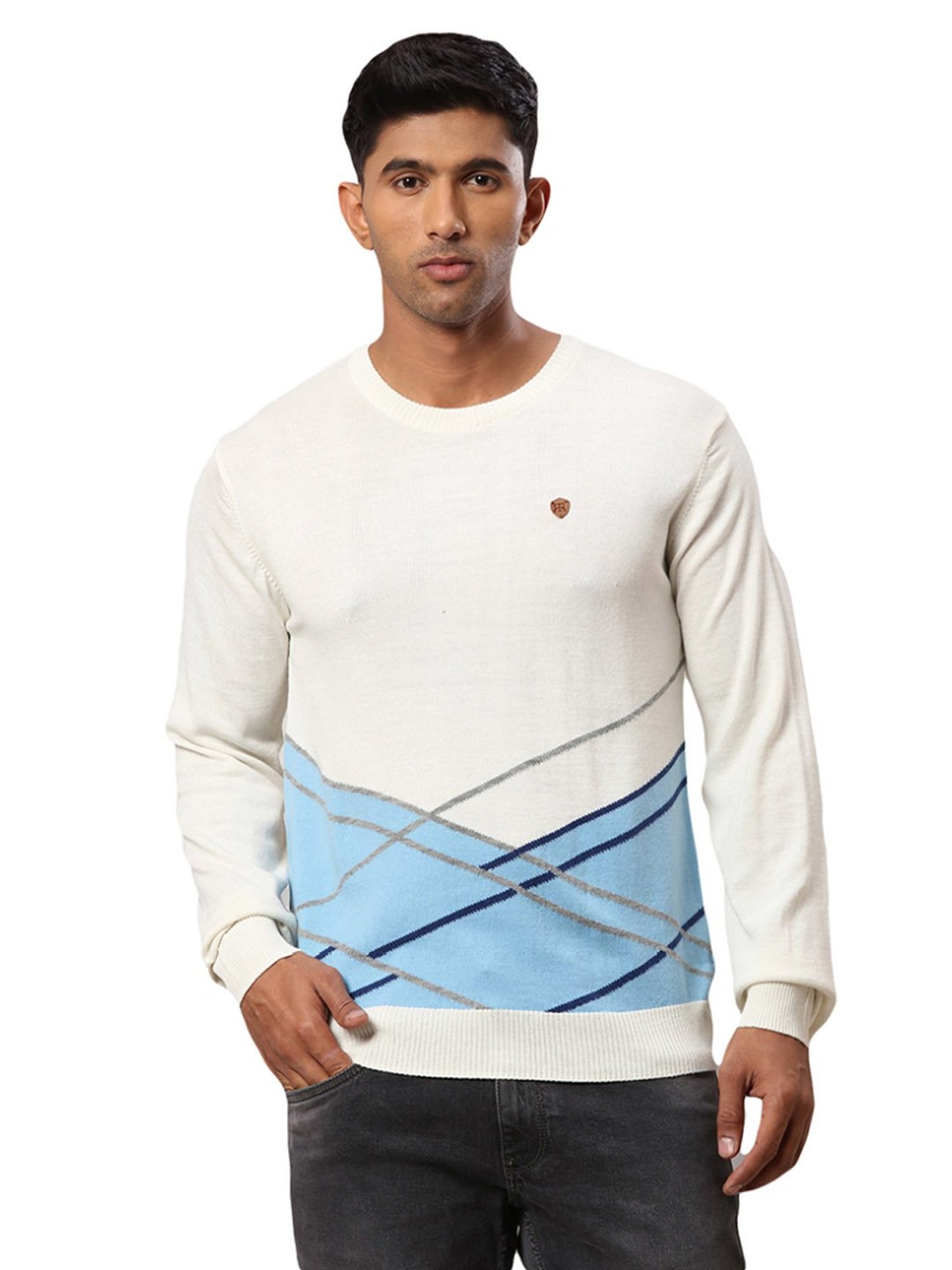 Raymond White & Blue Regular Fit Printed Sweater