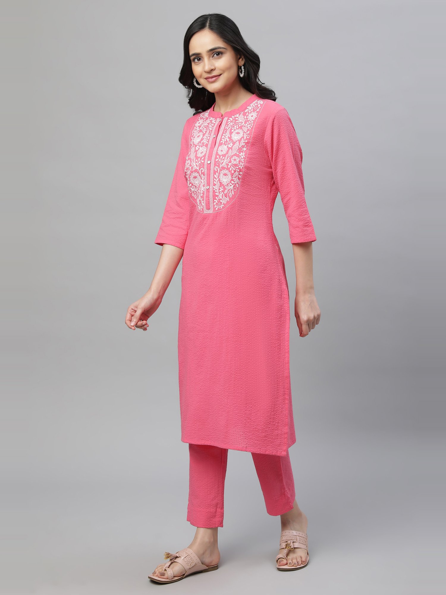 Aurelia Pink Cotton Embroidered Kurta Pant Set
