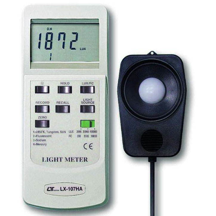 Digital Lux Meter 0 to 100000 Lux, 3 Ranges with 4 Selectable Light Types - Tungsten, Fluorescent, Sodium, Mercury