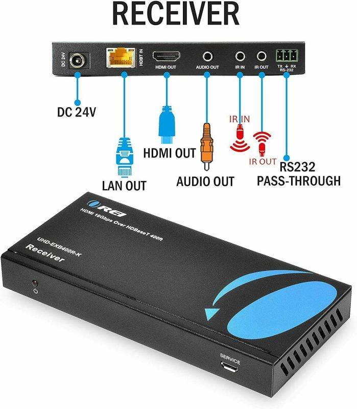 4K HDMI Extender Balun by OREI - HDBaseT UltraHD 4K @ 60Hz 4:4:4 Over Single CAT5e/6/7 Cable with HDR, CEC & IR Control, RS-232 - Up to 400 Ft - Loop Out - Power Over Cable - Audio Out (UHD-EXB400R-K)