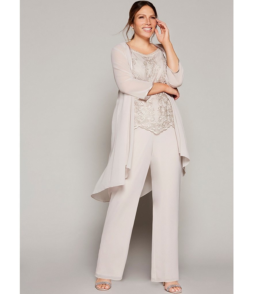 Le Bos Plus Size Crew Neck 3/4 Sleeve Embroidered Georgette 3-Piece Duster Pant Set