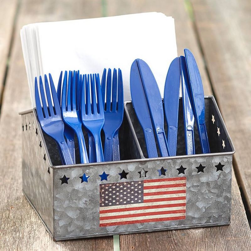 Lakeside Americana Metal Flatware and Napkin Holder Tray with Flag Motif
