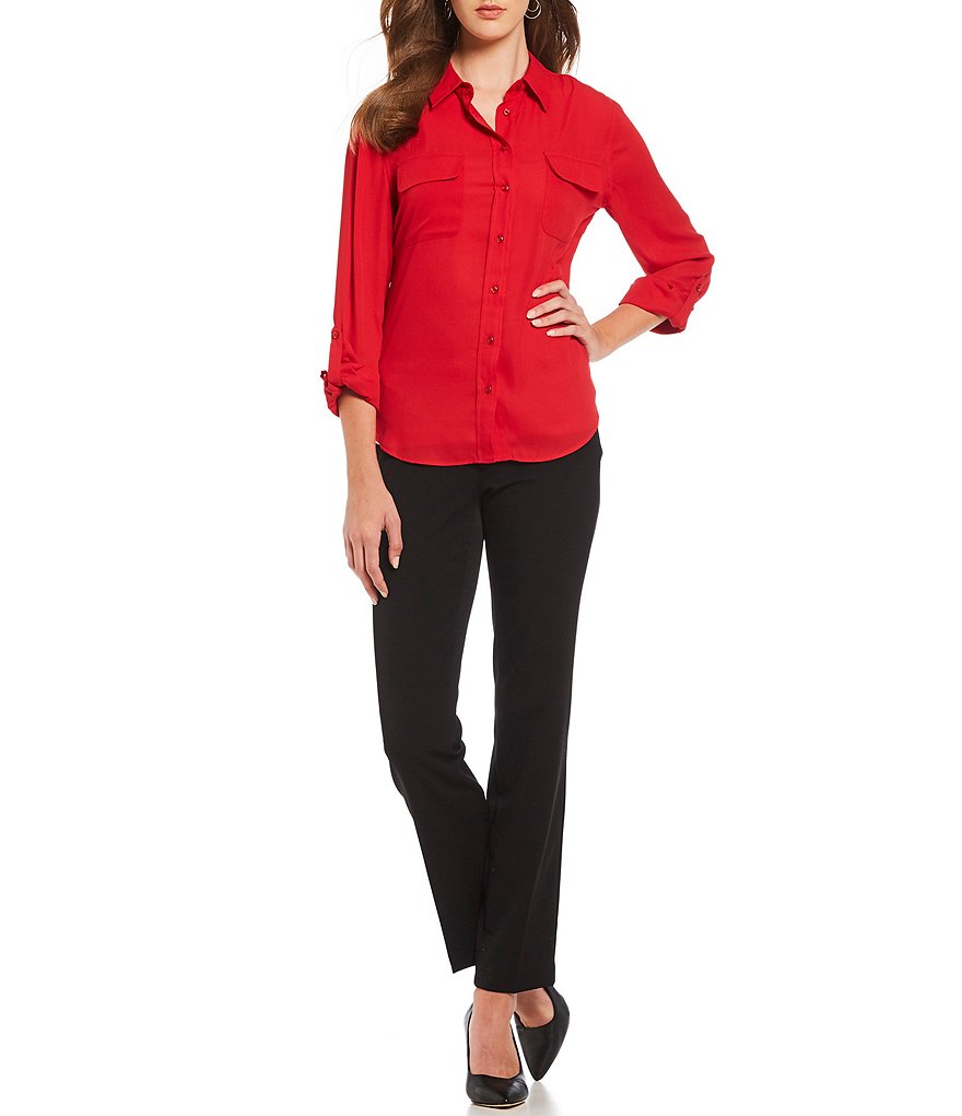 Investments Olivia Machine Washable Point Collar Neck Long Sleeve Button-Front Roll-Tab Utility Blouse