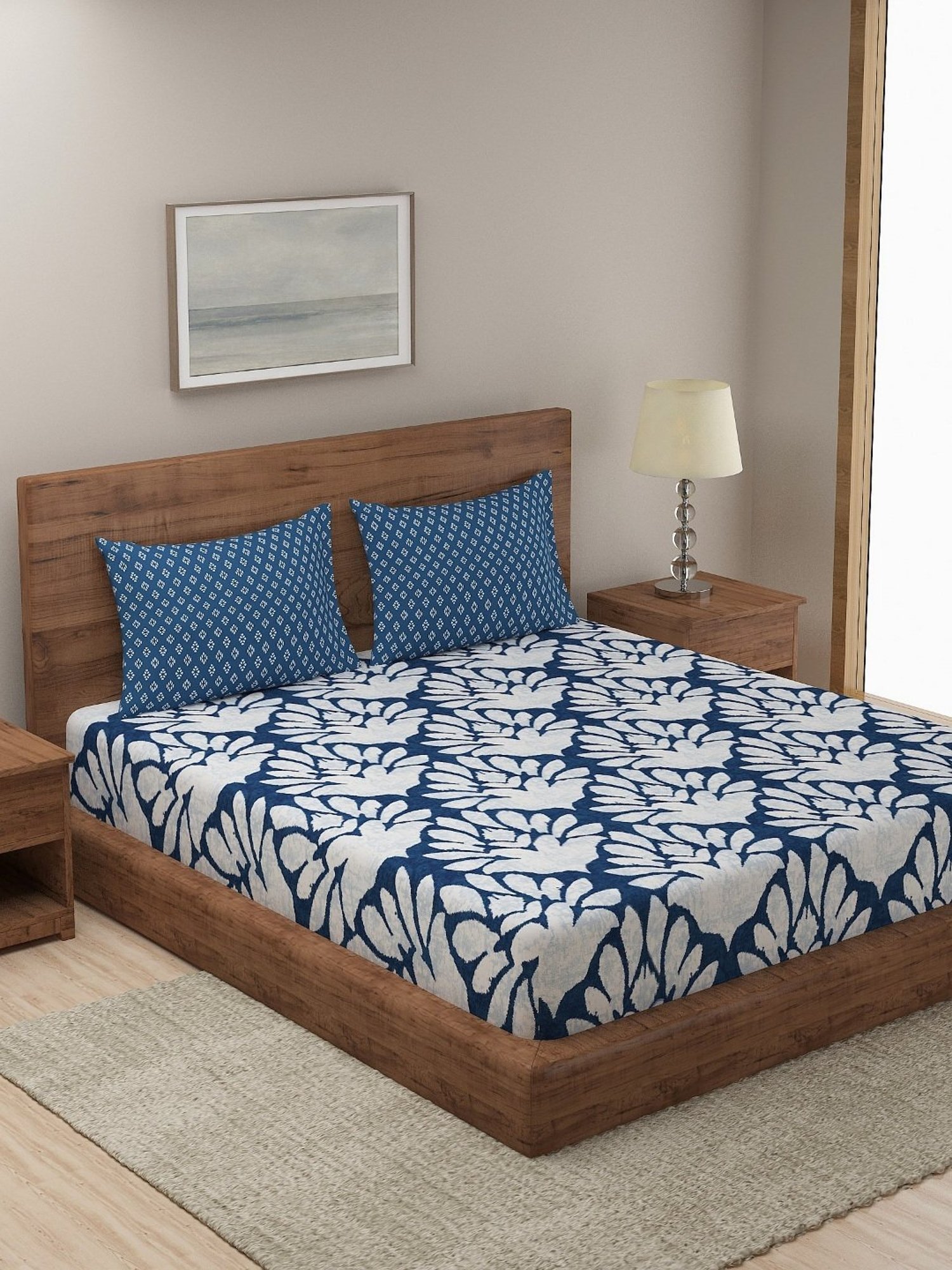 Dreamscape Floral Blue 140 TC Cotton Double Bedsheet with 2 Pillow Covers