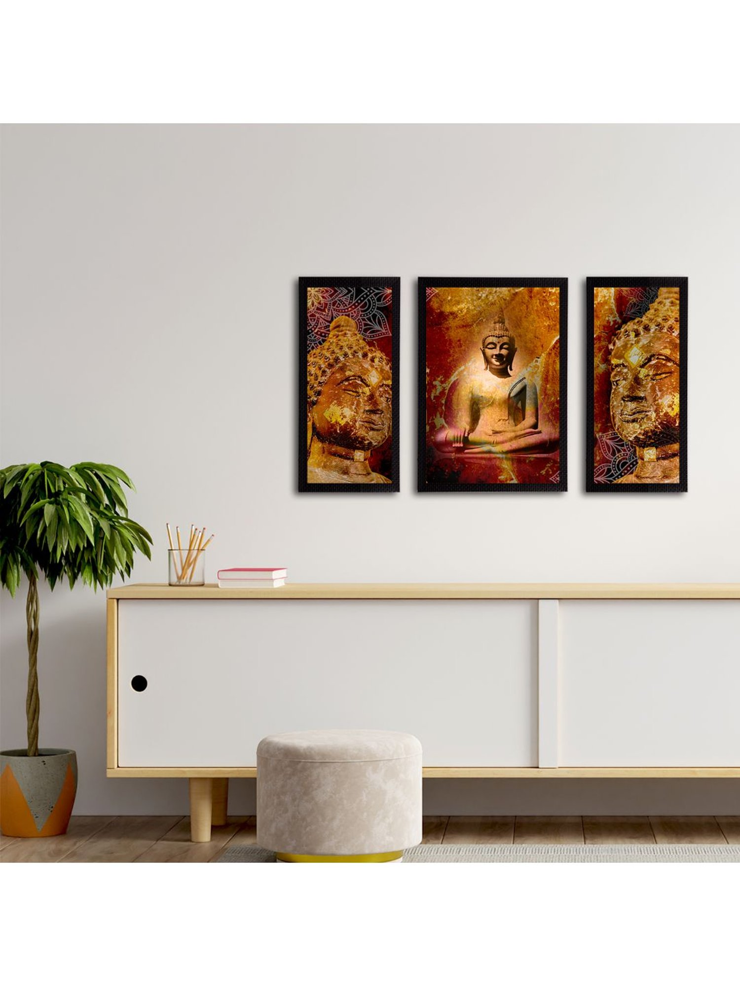eCraftIndia Set of 3 Meditating Lord Buddha Satin Matt Textured UV Art Painting