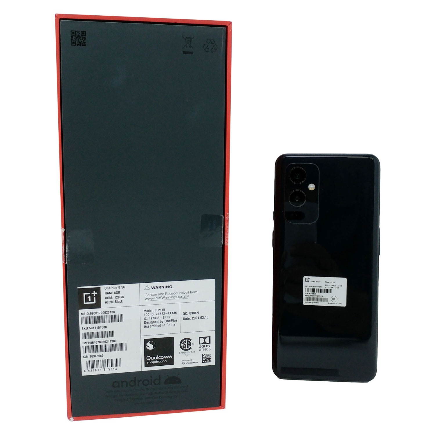 OB OnePlus 9 5G 128GB LE2115 Factory Unlocked 6.55 in Fluid AMOLED Display 8GB RAM Triple Camera Smartphone - Astral Black