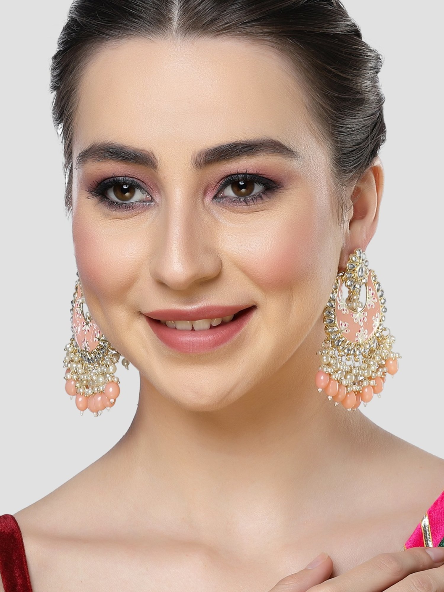 Karatcart Peach Meena Floral Design Gold Plated Pearl and Tumble Studded Kundan Kaanchain Earrings