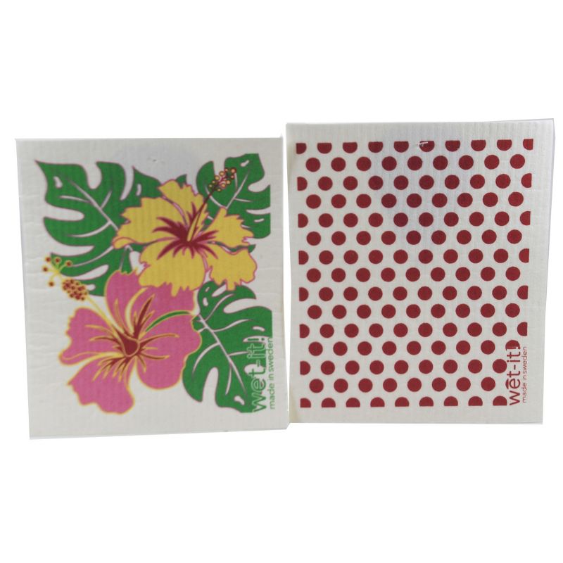 Swedish Dish Cloth 7.75" Happy Hibiscus & Red Dots Absorbant Cleaning Cloth  -  Dish Cloth