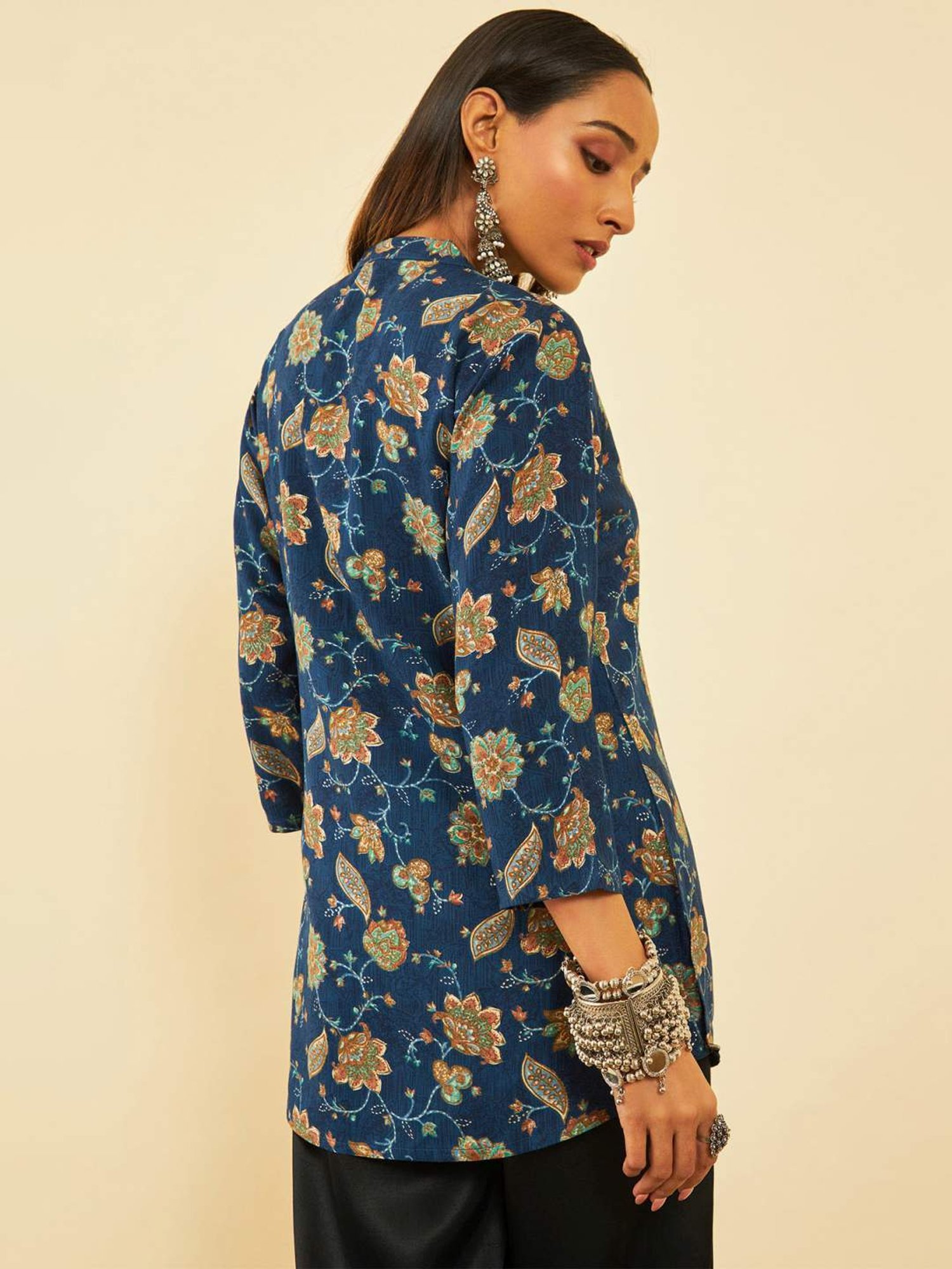 Soch Womens Navy Blue Rayon Floral Foil Printed Mandarin Collar Tunic