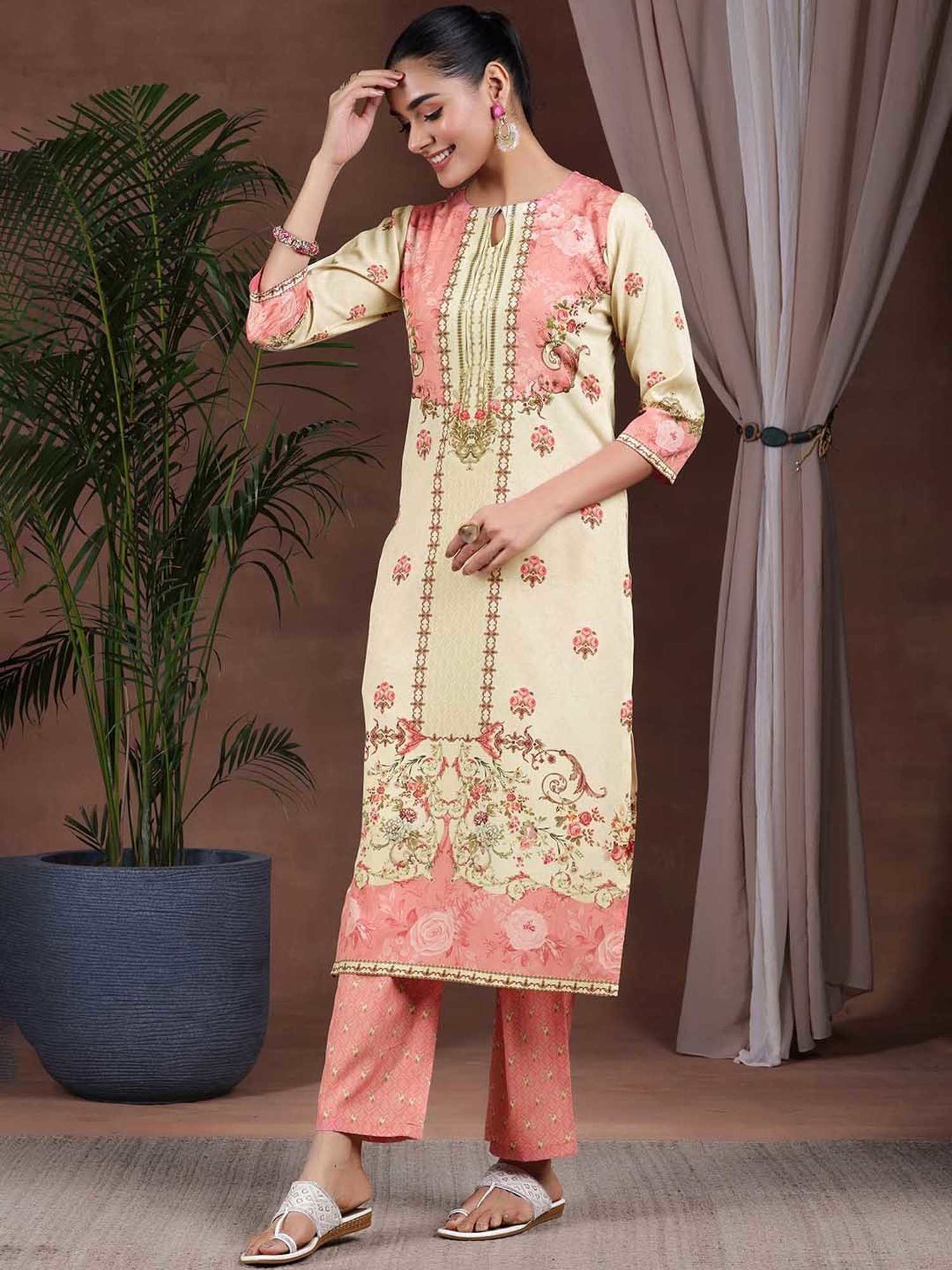 Libas Beige & Pink Floral Print Kurta With Pant & Dupatta