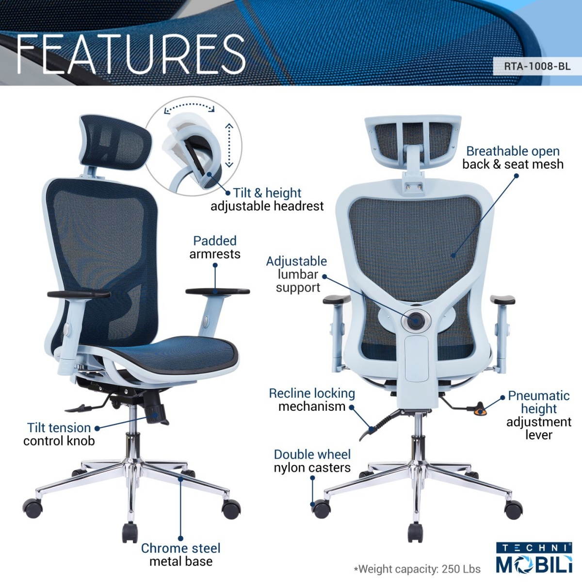 The Techni Mobili High Back Executive Mesh Office Chair with Arms, Headrest and Lumbar Support, Blue