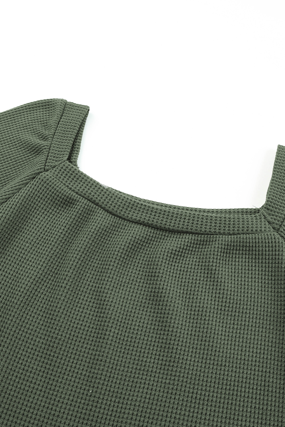 Green Plain Waffle Knit Bishop Sleeve Square Neck Top