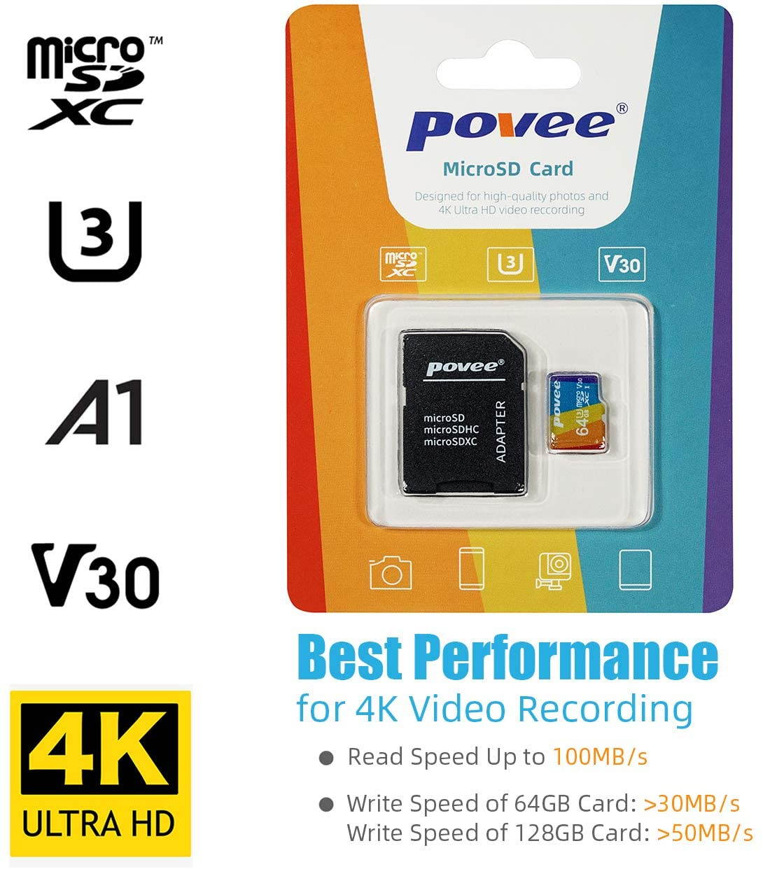 64GB Micro SD Card with Adapter,U3 A1 MicroSDXC Card 667X High Speed Up to 100MB/s UHS-I MicroSD UHS-1 Class 10 Memory Card for Android Smartphone Nintendo Galaxy Fire and Gopro