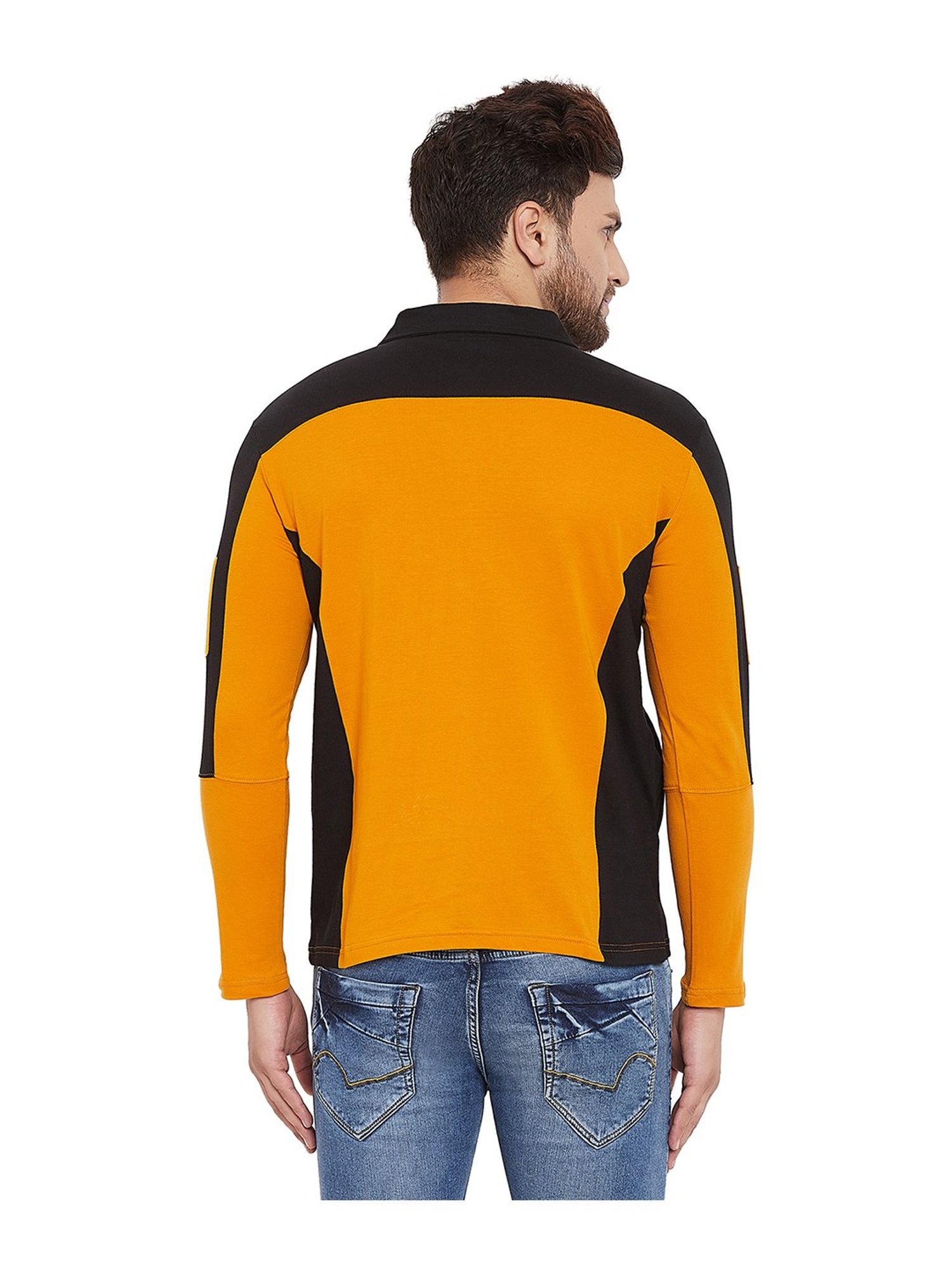 Hypernation Yellow & Black Cotton Regular Fit Color Block Polo T-Shirt