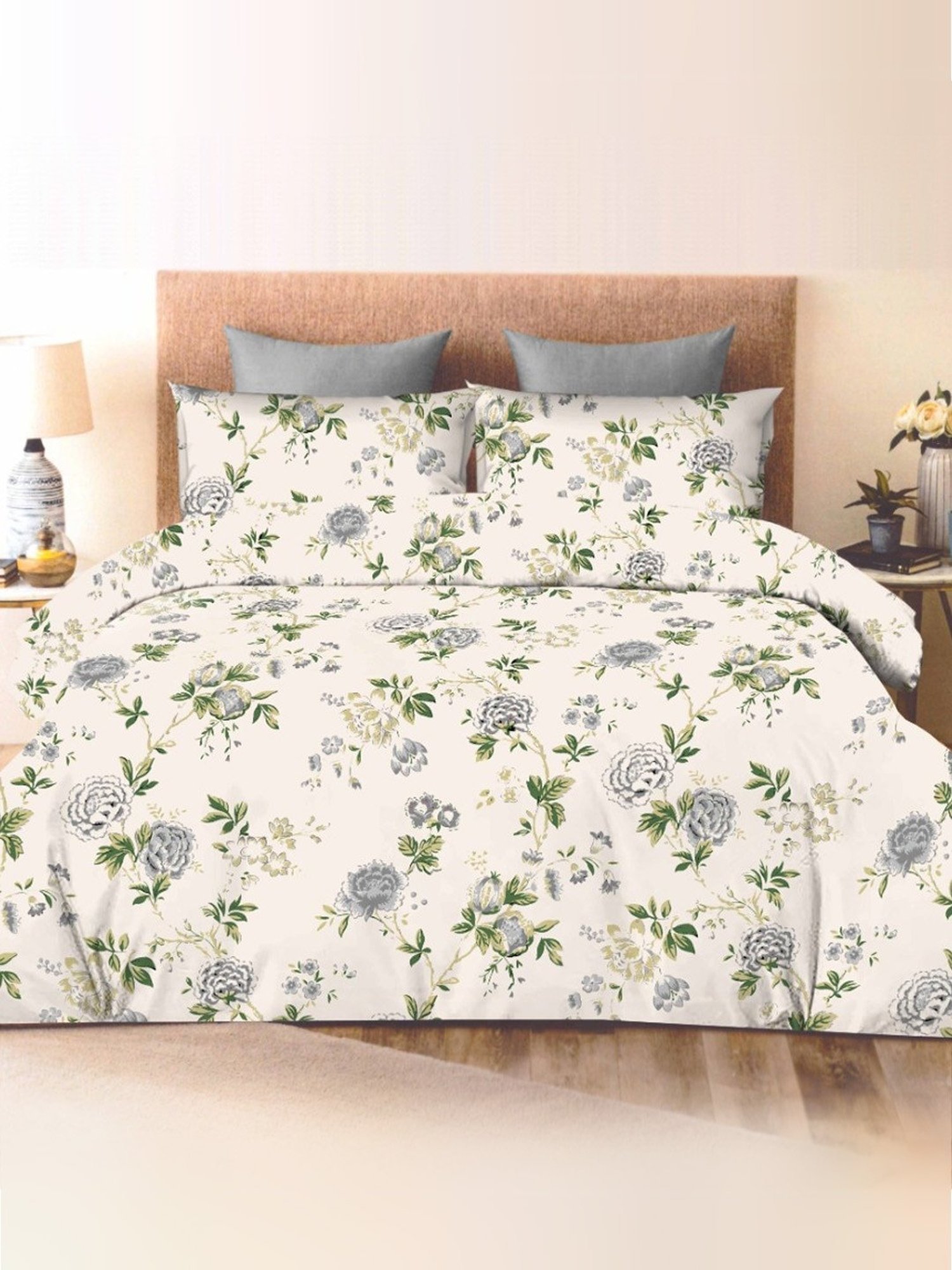 Ariana Tuscany Floral Grey 300 TC Cotton Super king Bedsheet with 2 Pillow Covers