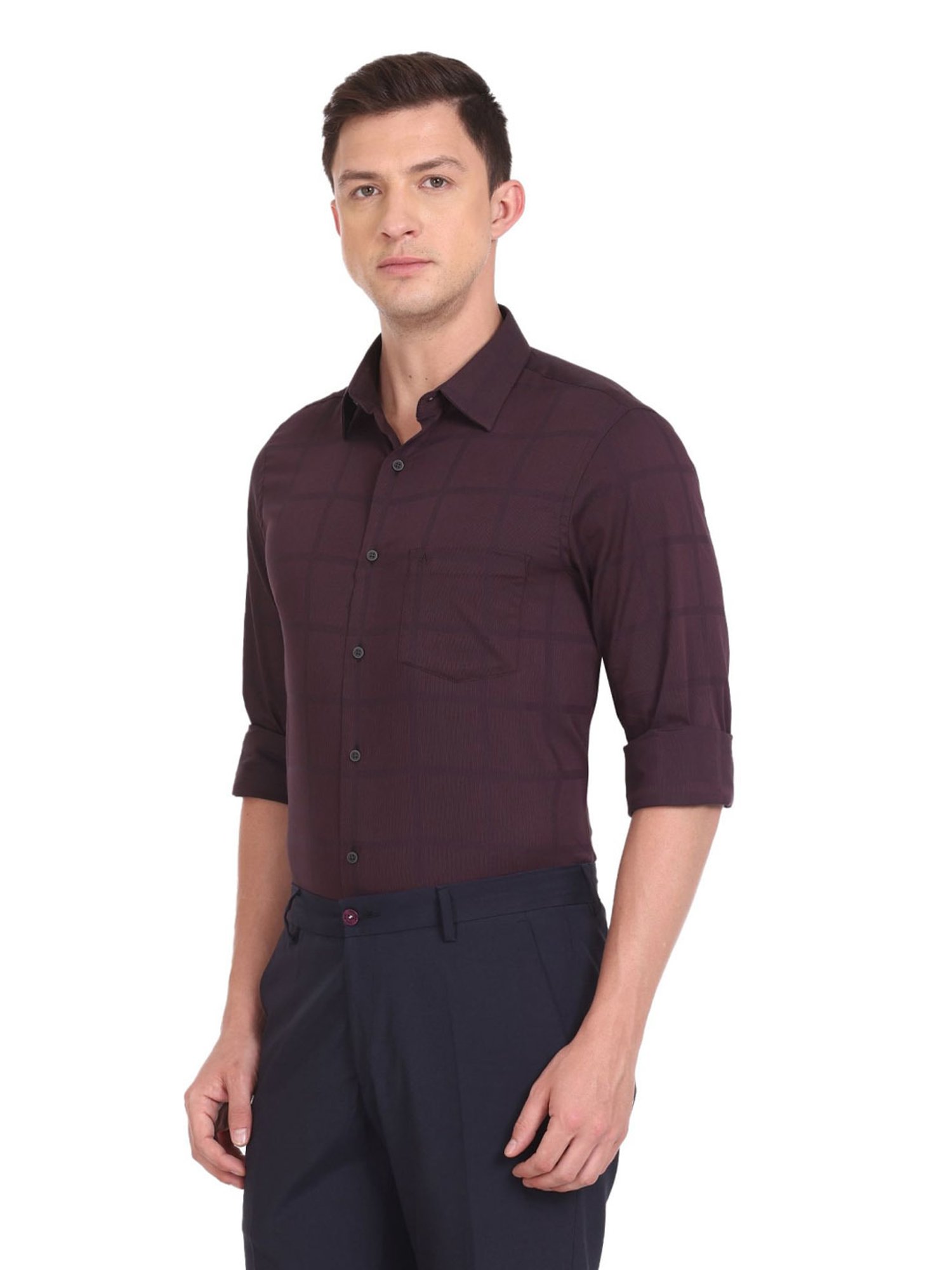 Arrow New York Maroon Cotton Slim Fit Checks Shirt