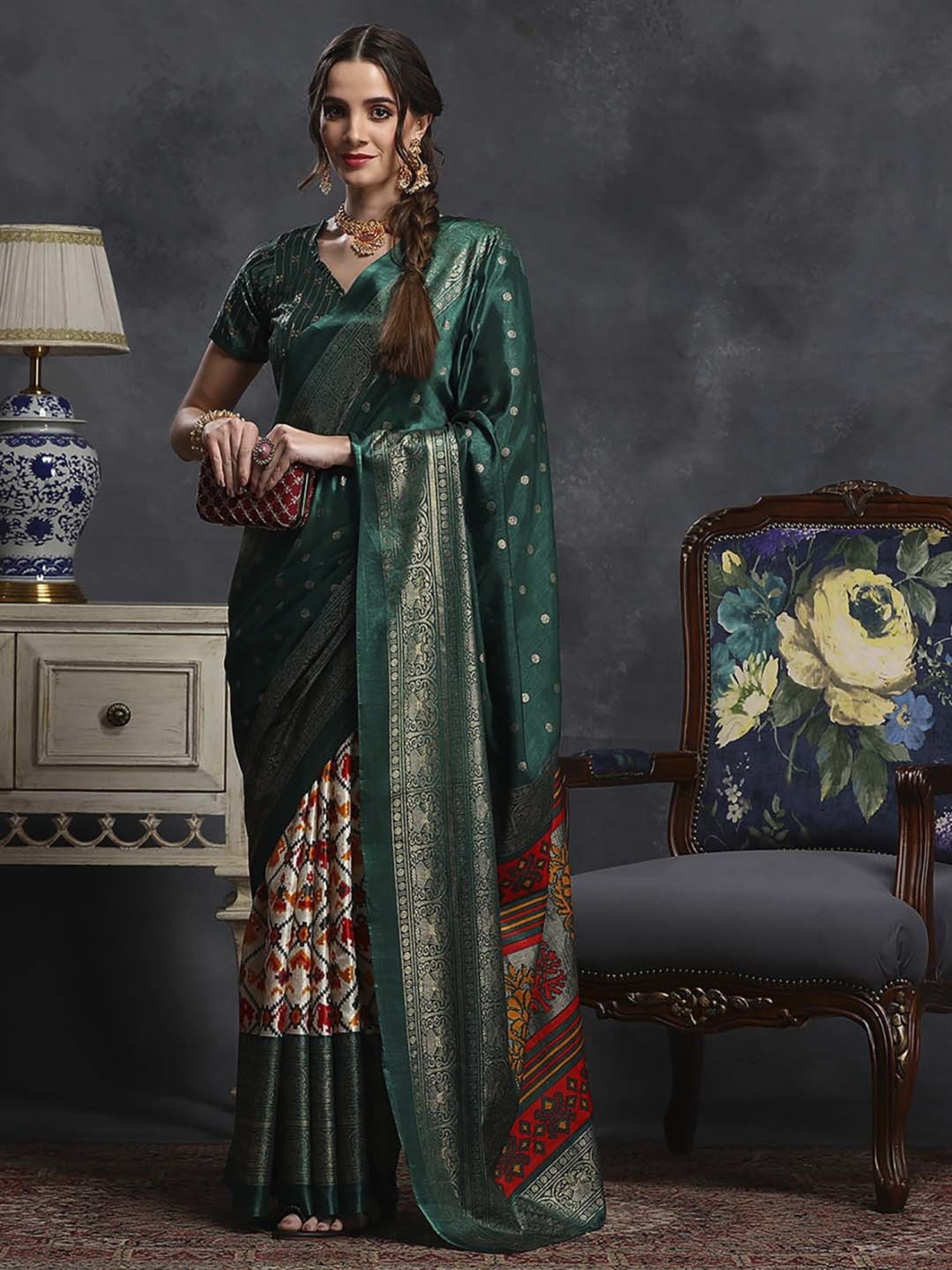 Saree Mall Green & White Silk Printed Saree With Unstitched Blouse