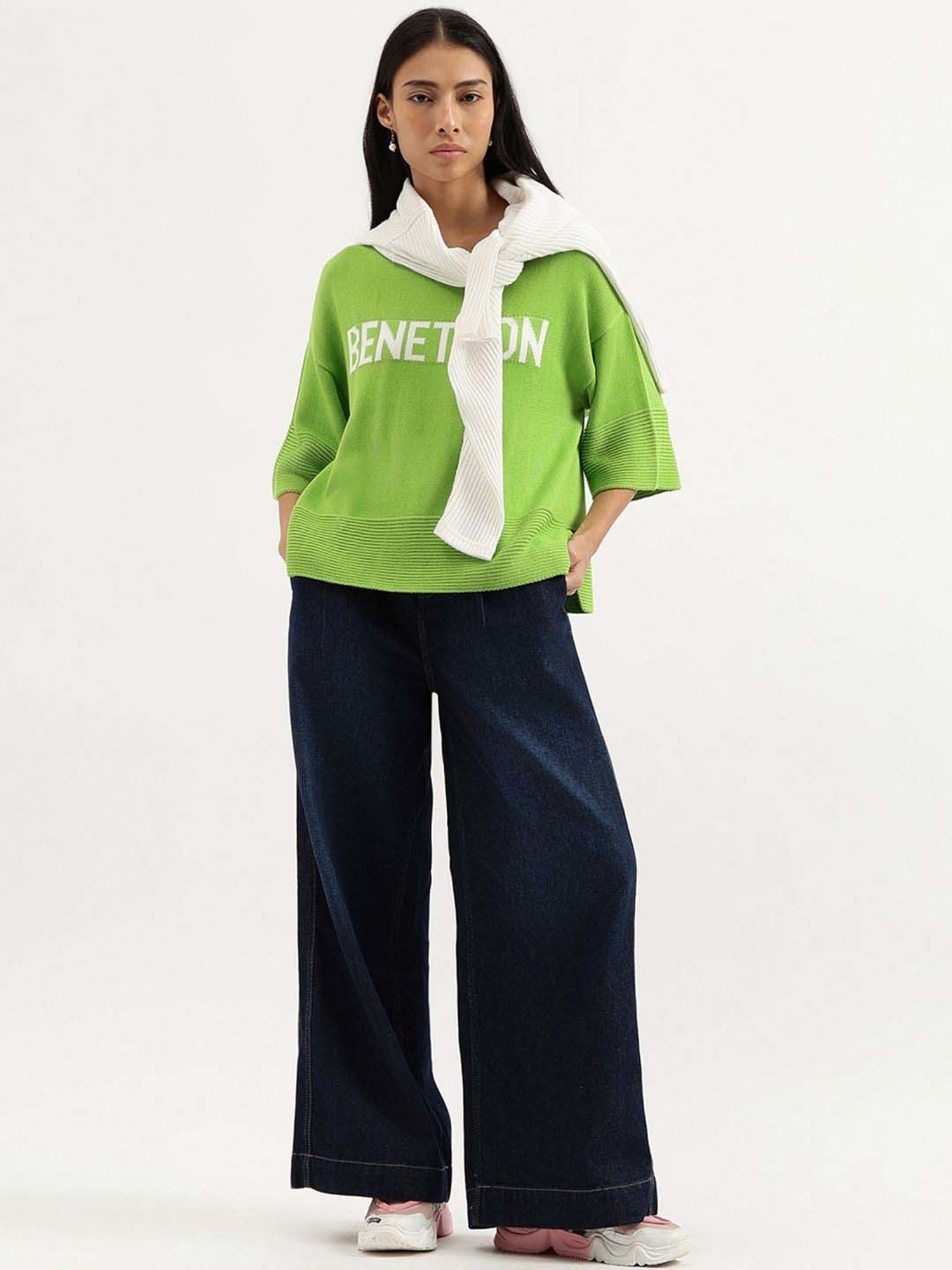 United Colors of Benetton Green Cotton Logo Work Top