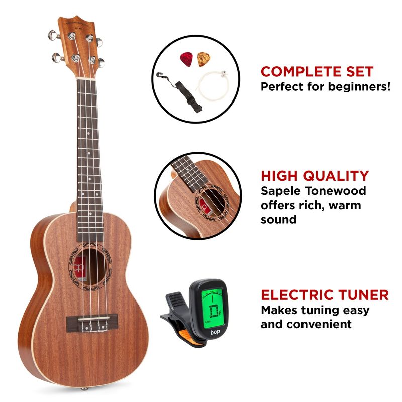 Best Choice Products 23in Acoustic Concert Sapele Ukulele Starter Kit w/ Gig Bag, Strap, Picks, Electric Tuner
