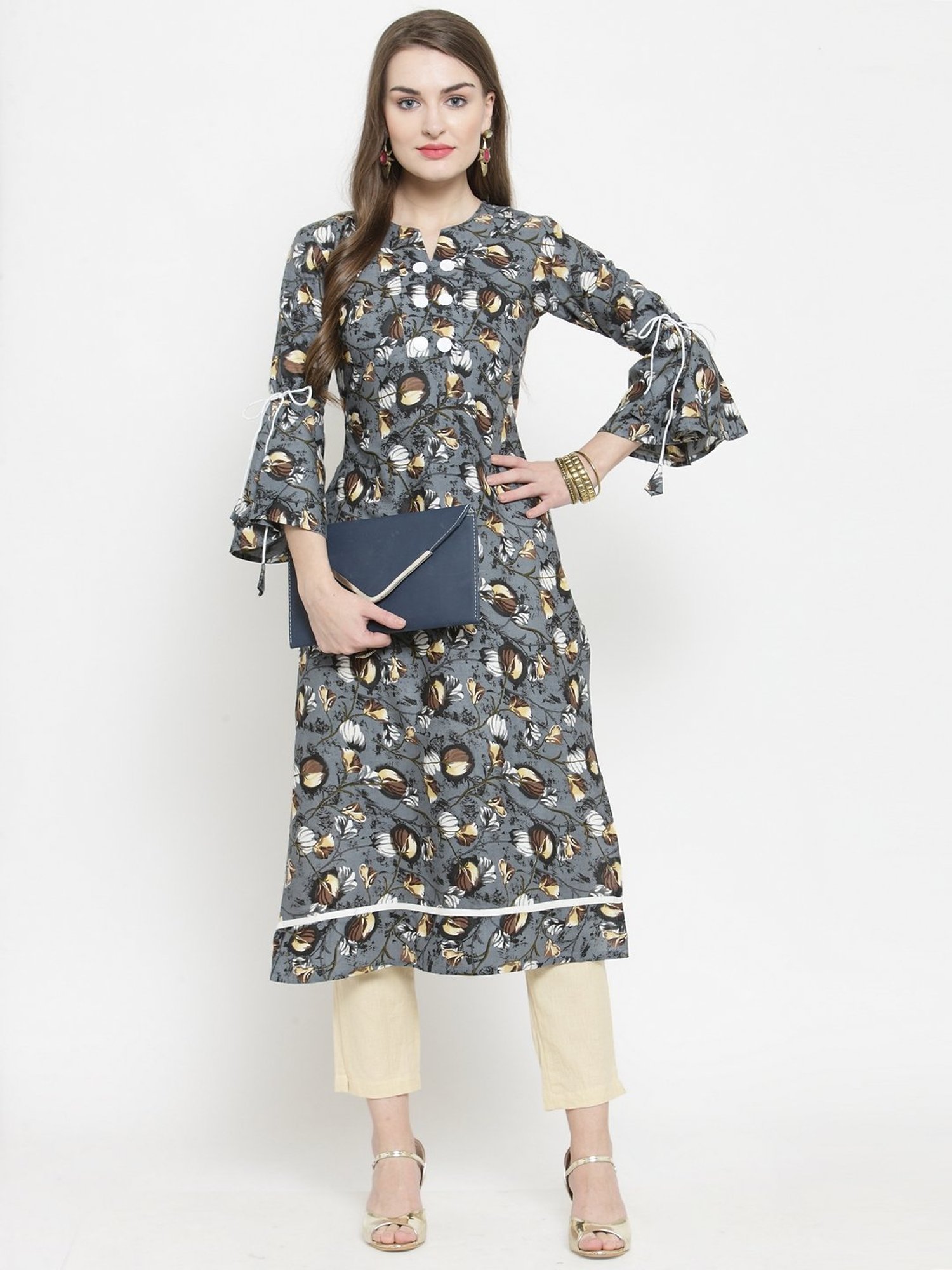 Indibelle Grey Floral Print Straight Kurta