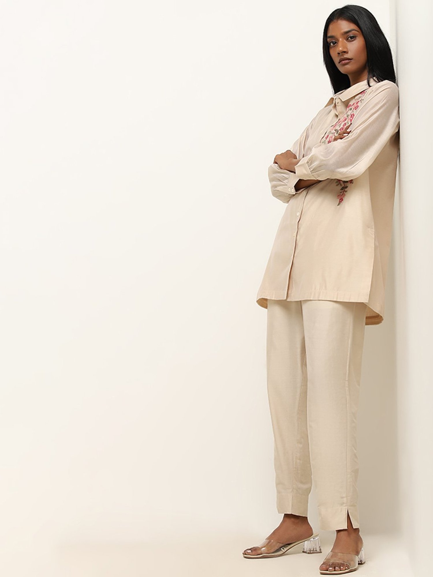 Vark by Westside Beige Floral Embroidered Straight Tunic with Pants Set