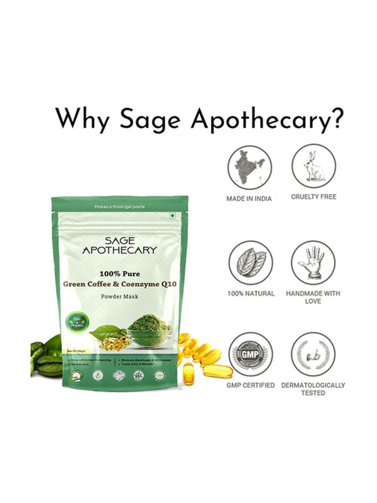 Sage Apothecary Green Coffee & Coenzyme Q10 Powder Mask - 100 gm