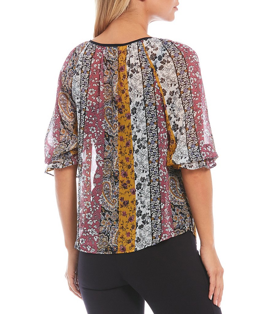 I.N. Studio Paisley Floral Print Yoryu Round Neck Elbow Sleeve Woven Top