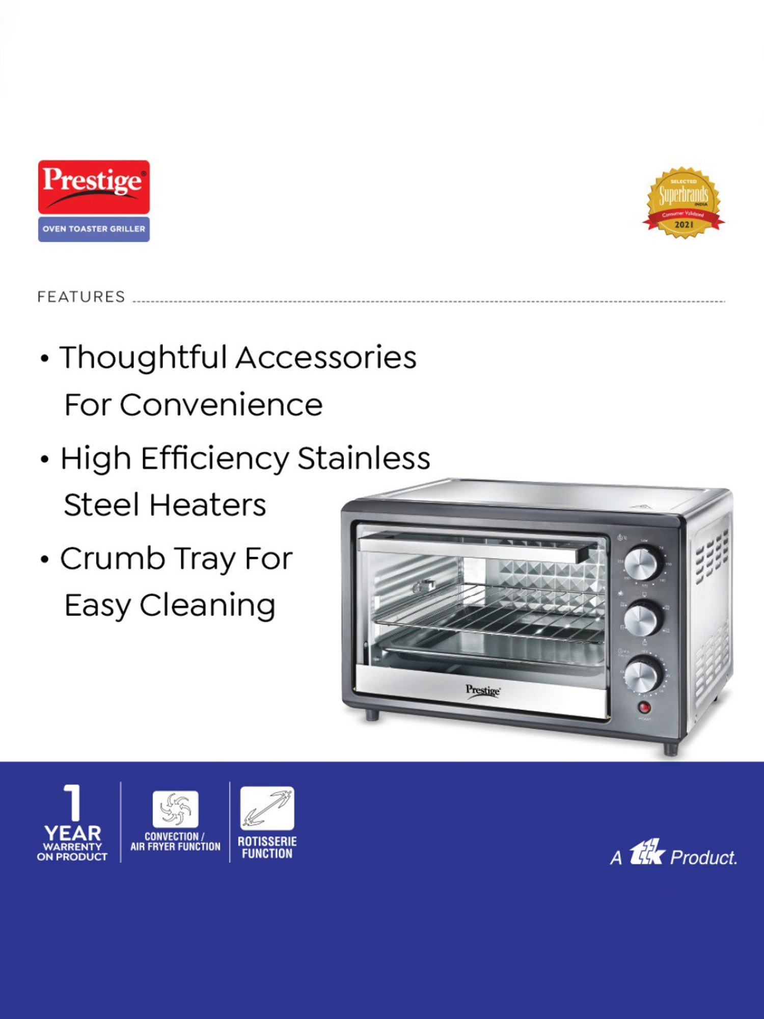 Prestige POTG Multicolor Stainless steel Oven Toaster Griller with Convection and Air Fryer Function