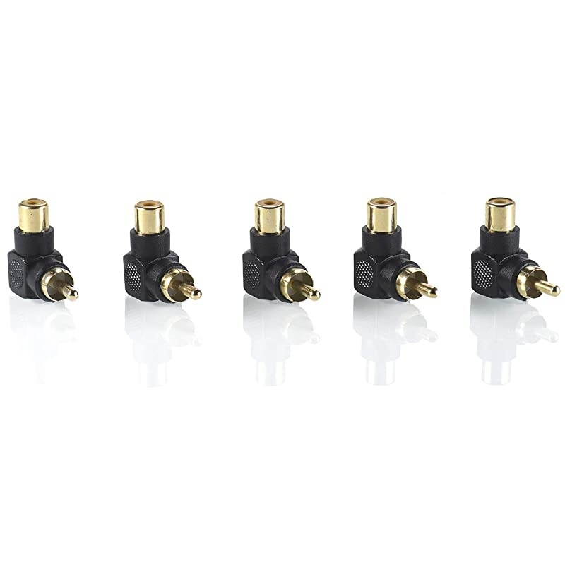 5Pack Gold Plated RCA Male to Female Coupler L Shape 90 Degrees Right Angle RCA Adapter Black