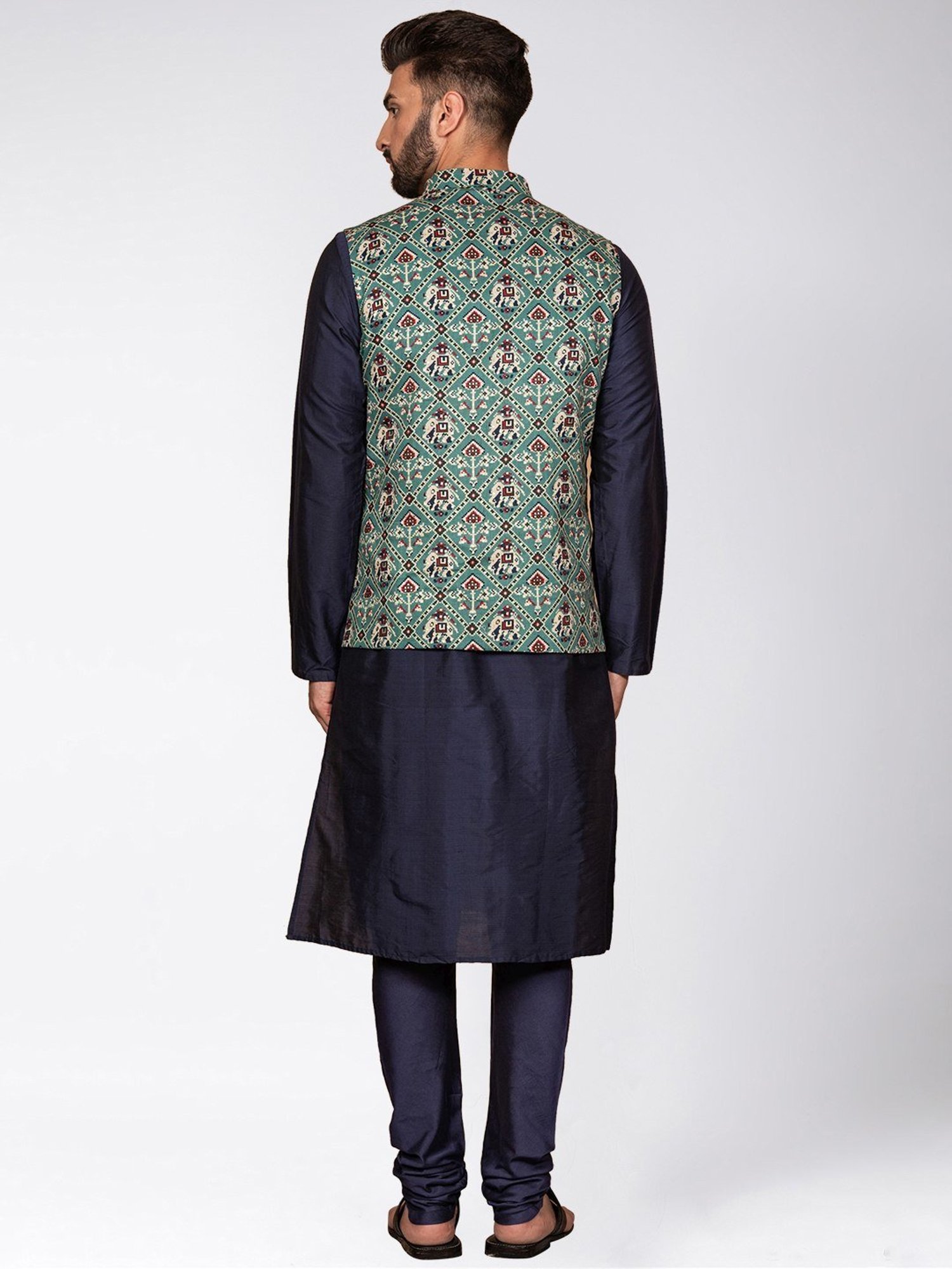 KISAH Green & Navy Regular Fit Printed Kurta Set with Jacket