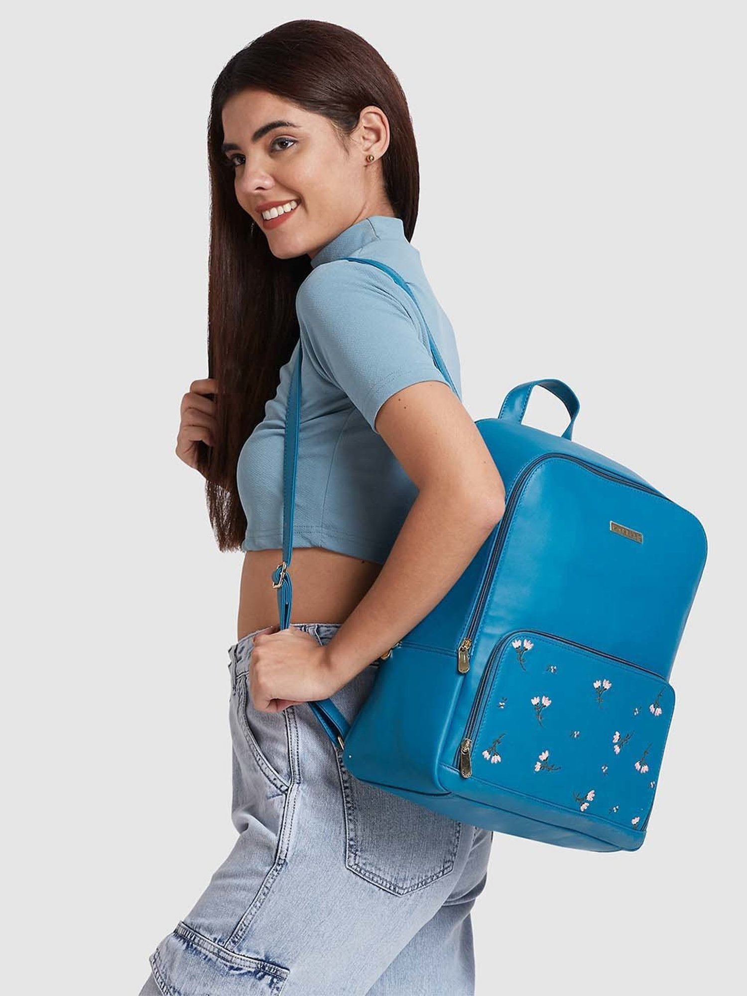 Caprese Adah Blue Embroidered Large Backpack
