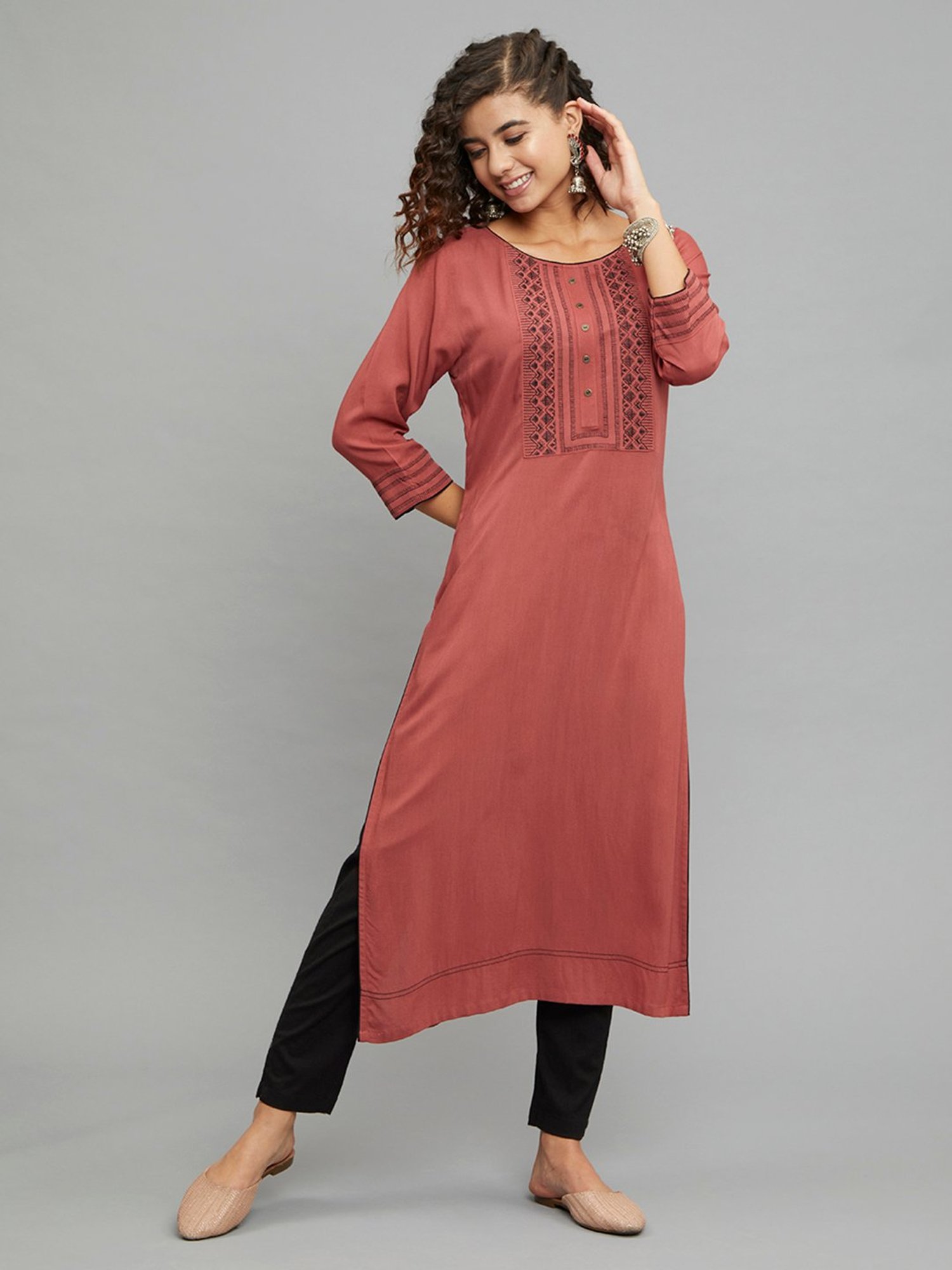 paislei Light Brown Embroidered A Line Kurta