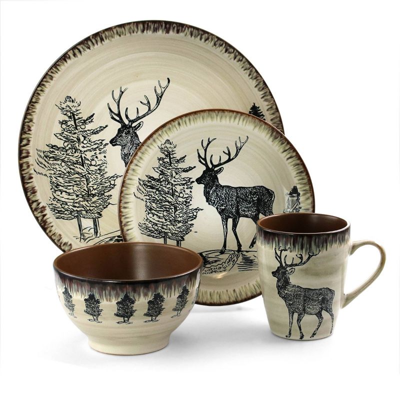 16pc Stoneware Forest Cabin Dinnerware Set Brown - Elama