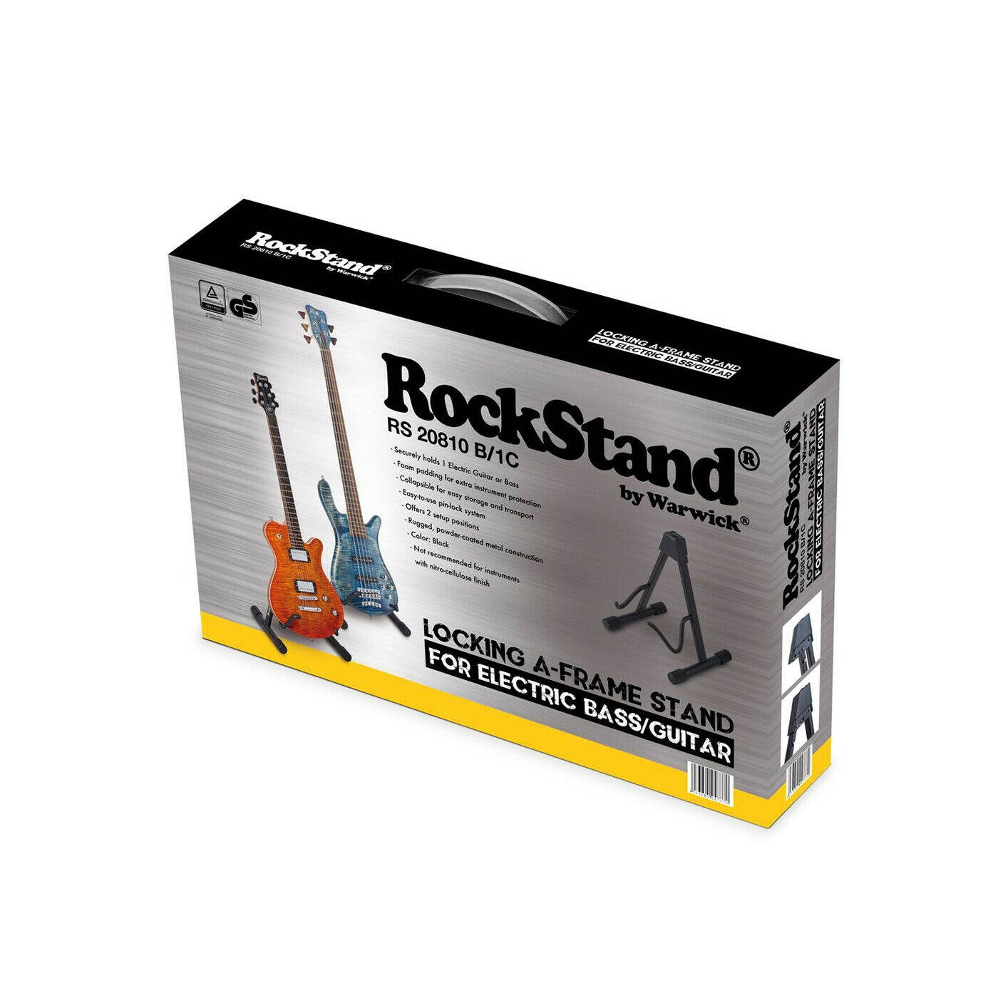 RockStand RS 20810 B Locking A-Frame Electric Guitar / Bass Stand, Black Metal