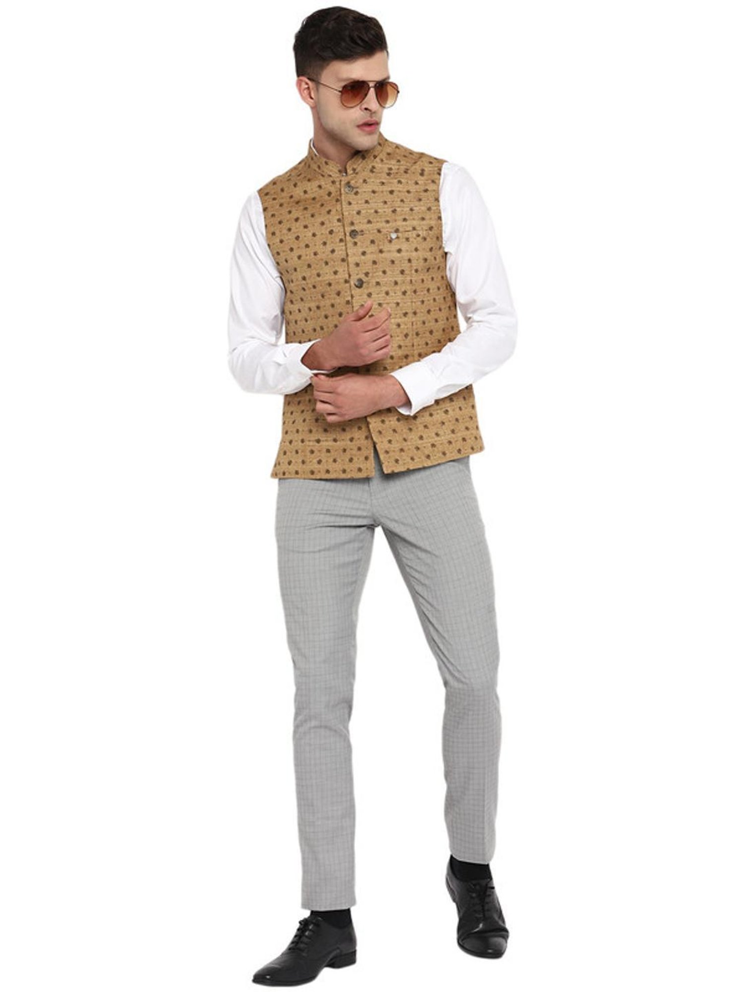 Turtle Beige Cotton Slim Fit Printed Nehru Jacket