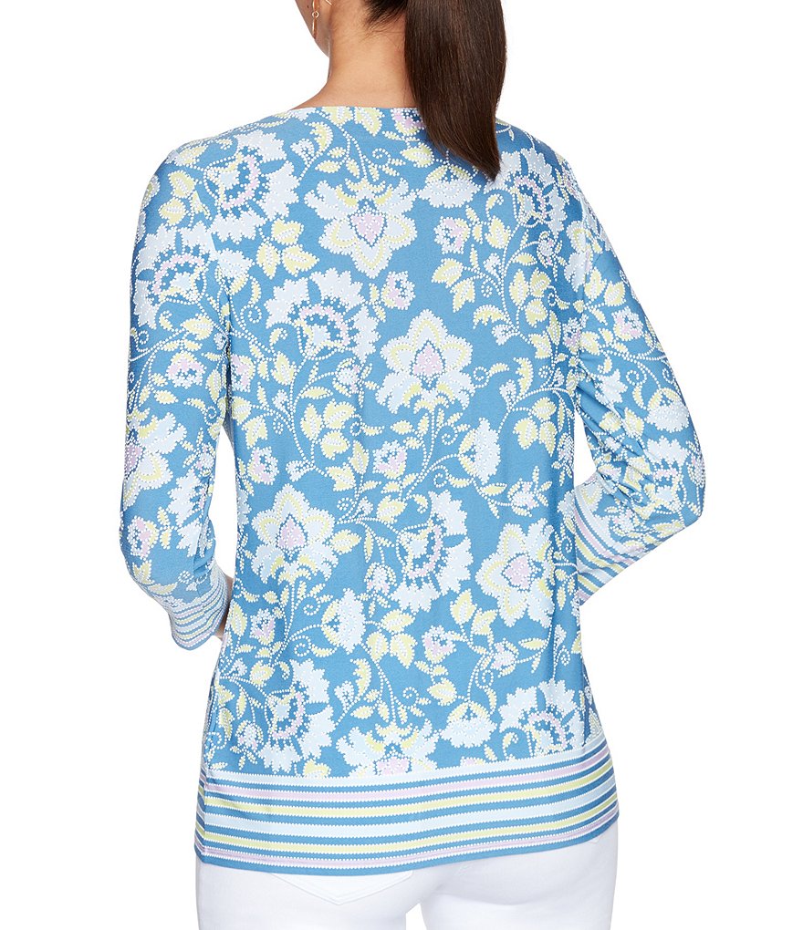 Ruby Rd. Floral Puff Border Print Boat Neck 3/4 Sleeve Top