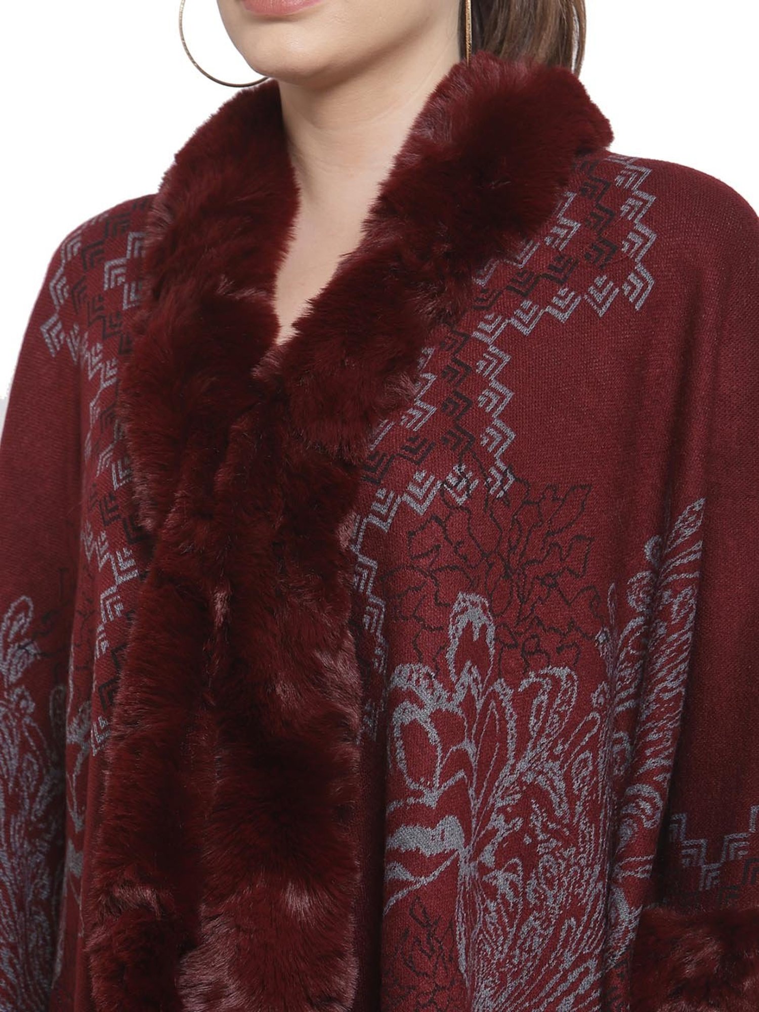 Mafadeny Maroon Self Design Poncho