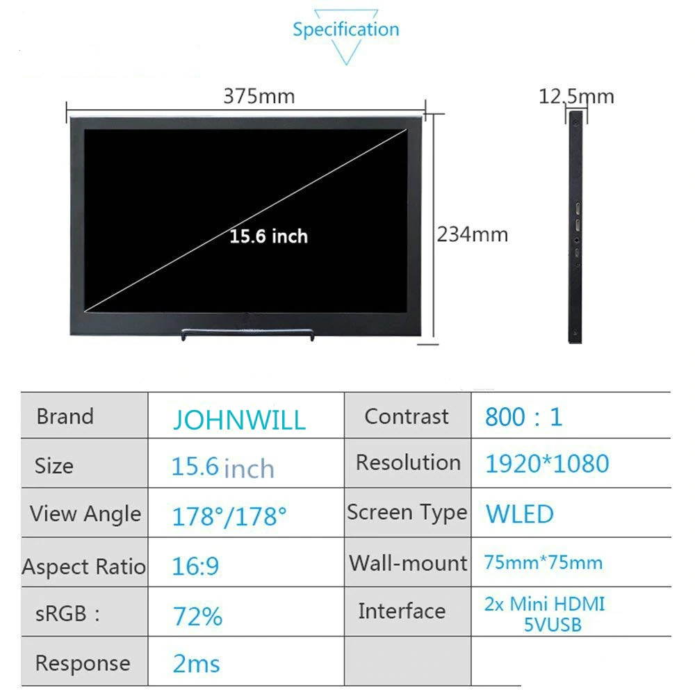 15.6 Inch IPS Gaming Monitor 1920x1080 HD slim Portable Monitor with HDMI Audio Output USB Powered Built-in Speaker For PS4/3