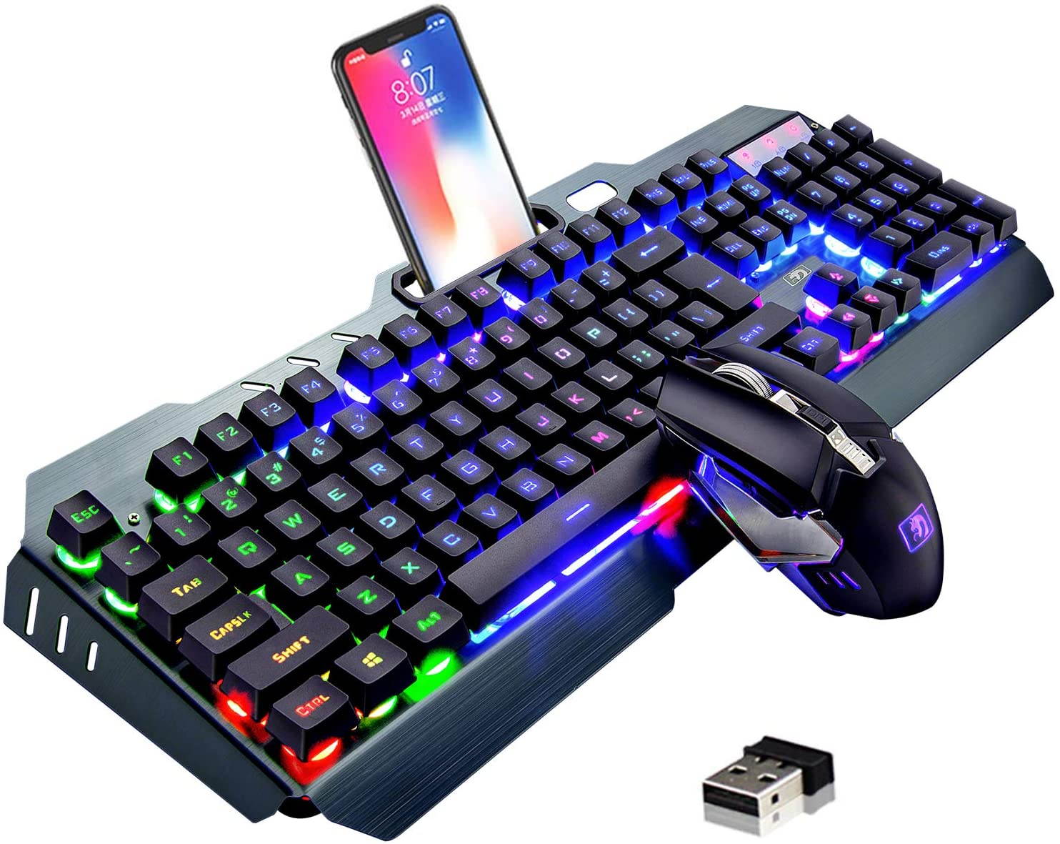 Wireless Gaming Keyboard and Mouse,Rechargeable16 Kinds RGB LED Backlit  Keyboard Mouse with 4800mAh Battery Metal Panel,Mechanical Feel and Gaming Mute Mouse for Computer Gamers