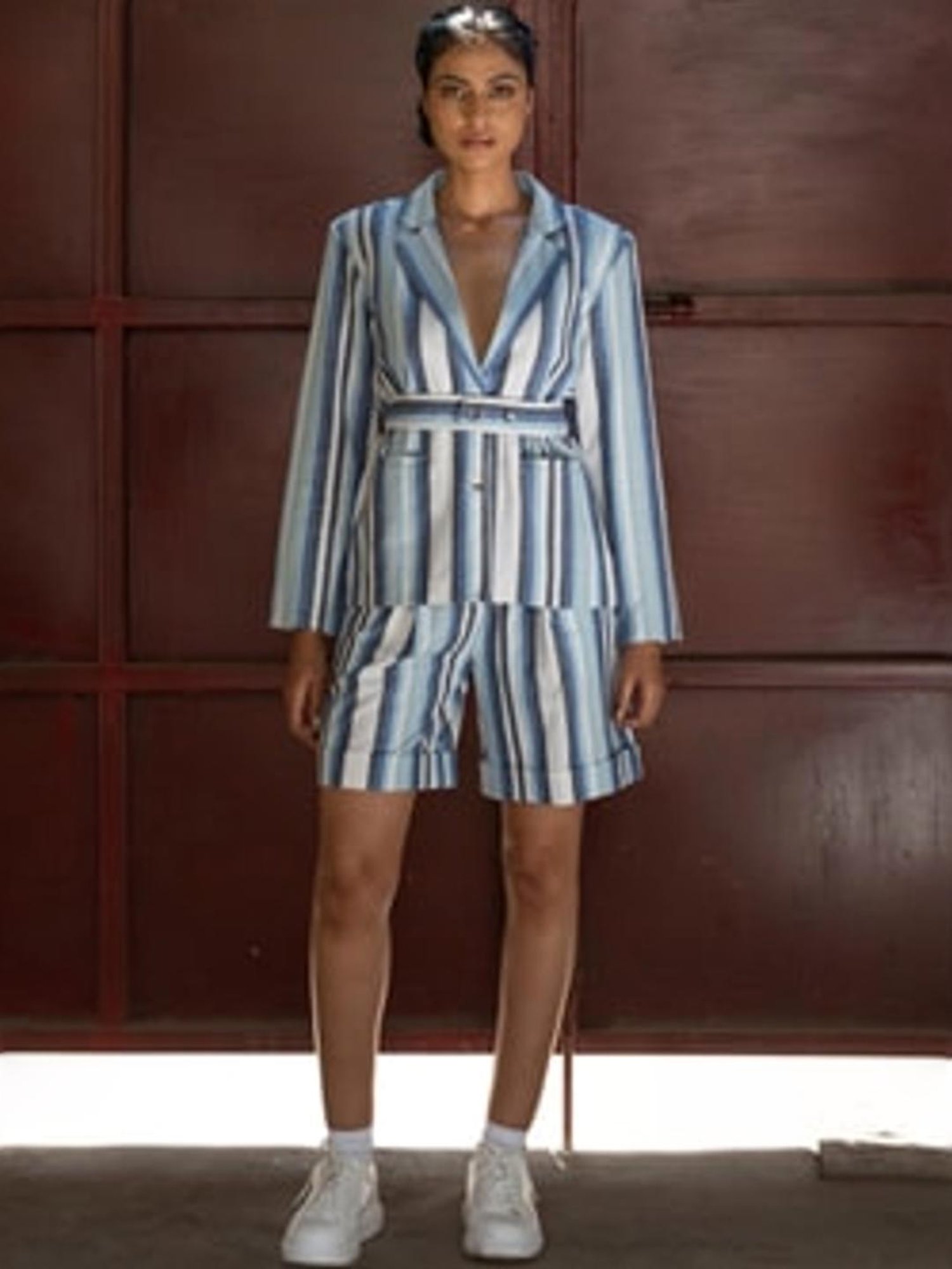Anushe Pirani Blue & White Fika Belted Blazer