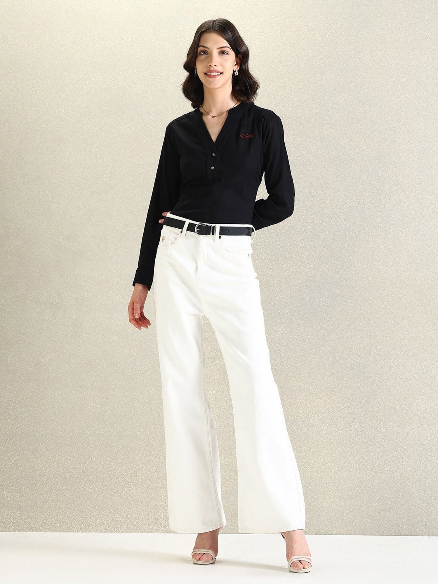 U.S. Polo Assn. Black Linen Graphic Print Top