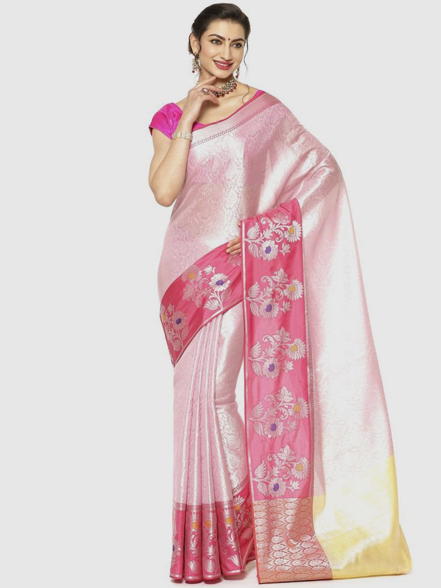 Banarasi Silk Works Pink & Yellow Woven Saree With Unstitched Blouse