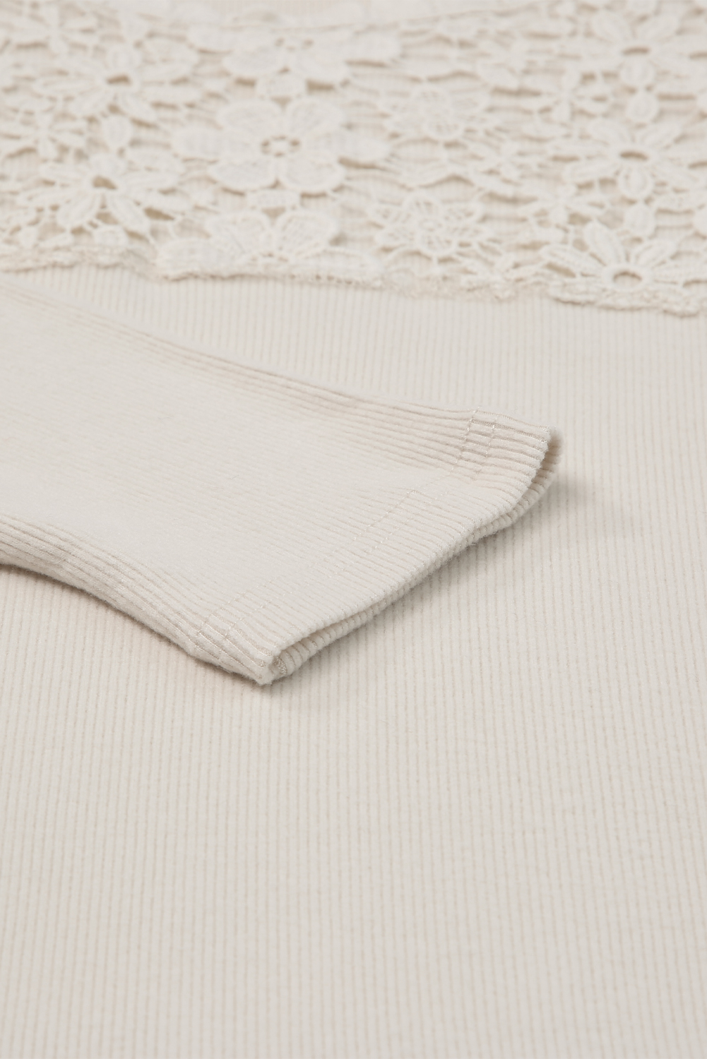 Beige Lace Contrast Casual Long Sleeve Top