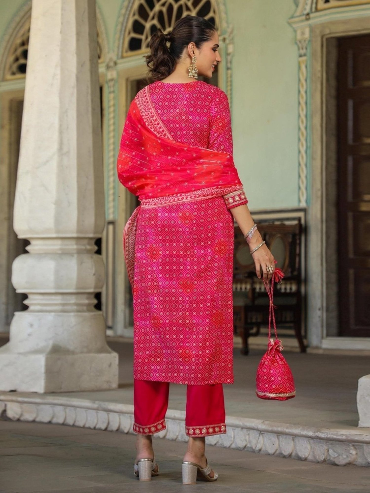 Scakhi Pink German Rayon Bandhani Print Kurta with Palazzo and Dupatta With Potli