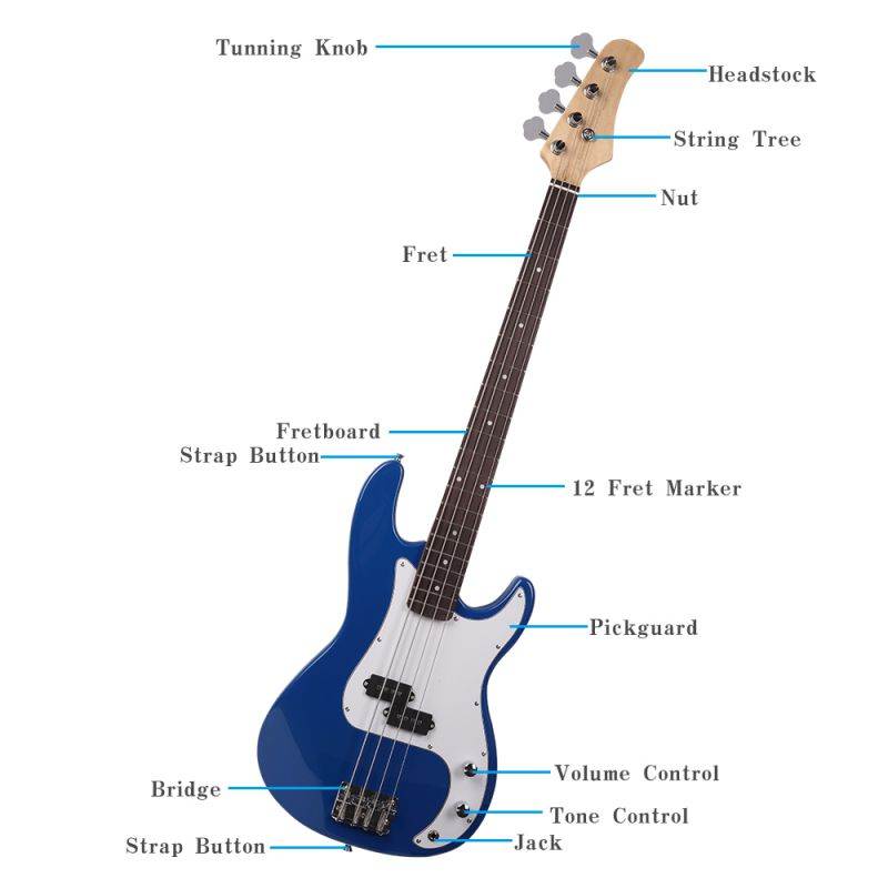 Blue Beginner Band 4 String Burning Fire Electric Bass Guitar