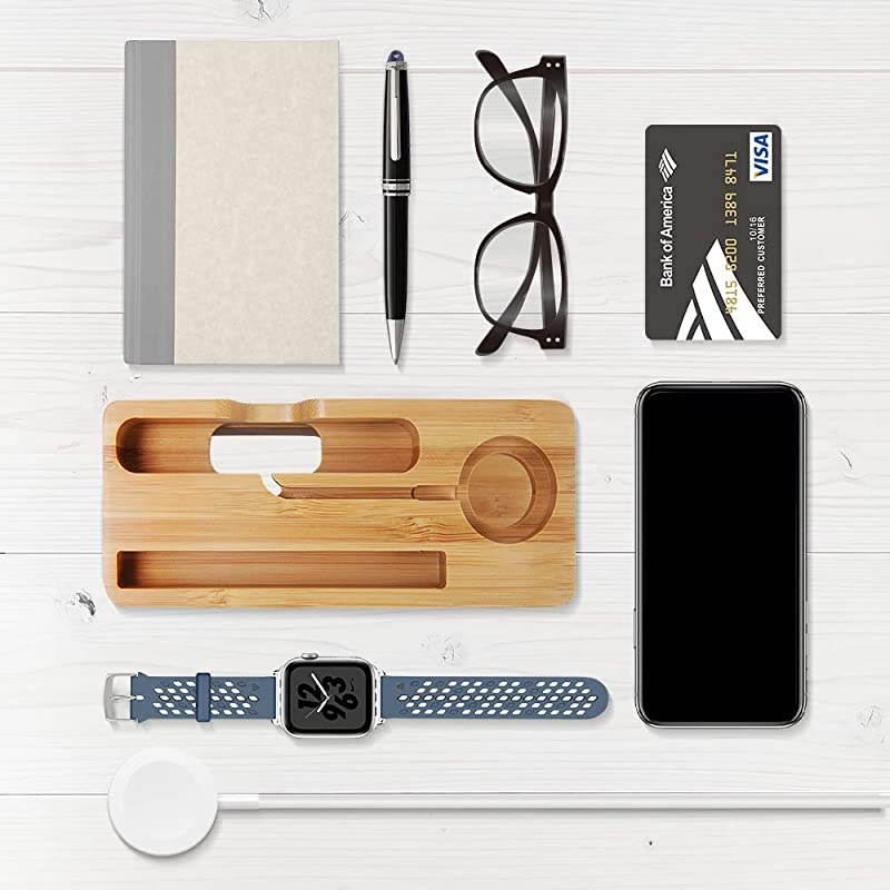 Apple Watch Stand,  Bamboo Wood Charging Stand Bracket Docking Station Cradle Holder W Business Card Slot Phone Stand for iPhone X 8 7 6 Plus 5 5c and Apple Watch 38mm 42mm Series 3 Series 2 Series 1