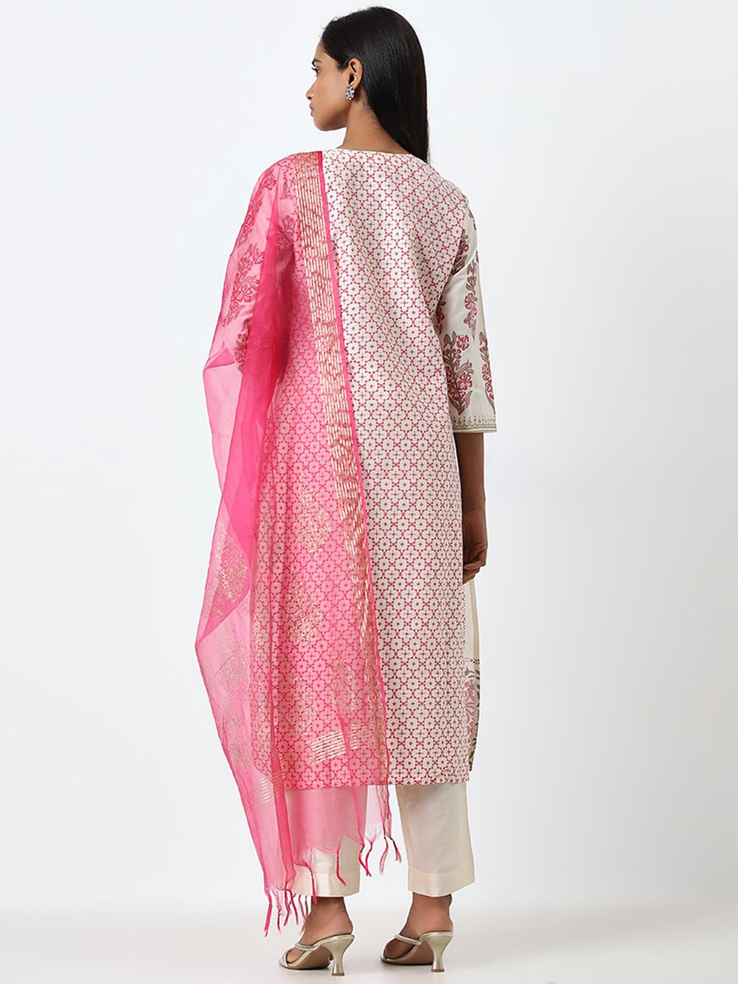 Vark by Westside Pink Embroidered Straight Kurta, Pants and Dupatta Set