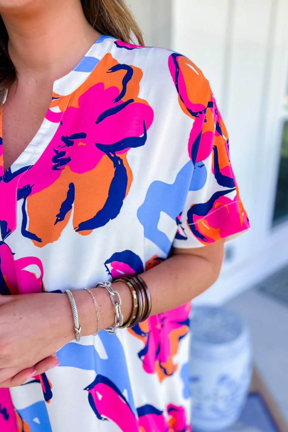 Multicolor Boho Floral Collared Long Sleeve Dress