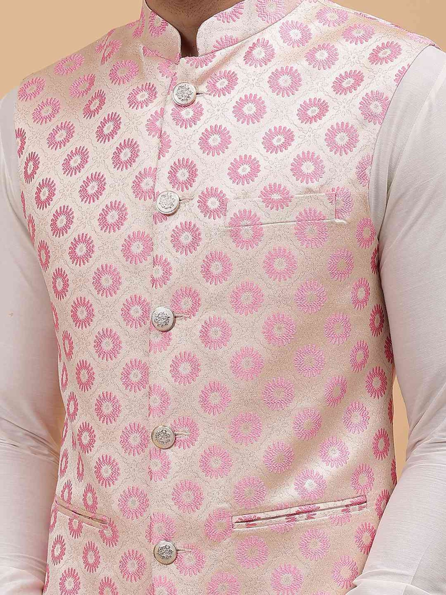 See Designs Gold & Pink Regular Fit Self Pattern Nehru Jacket